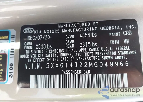 2021 Kia K5 Lxs z USA, uszkodzony, nr VIN 5XXG14J22MG049966